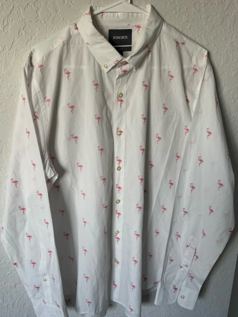 Bonobos White Button-Down Shirt with Pink Flamingo Print
